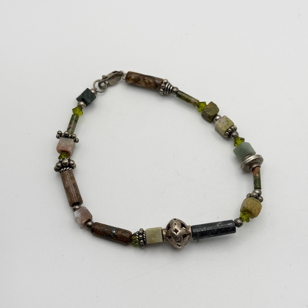 Sterling Silver 925 Mixed Gemstone Beaded Bracelet Earthy Green Brown Boho 7.75"